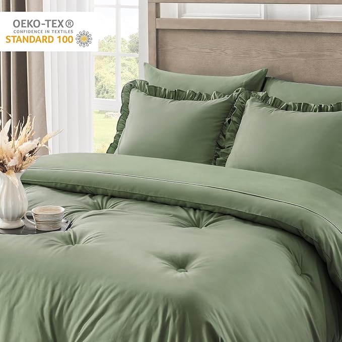 QUIETSEA Full Bed in a Bag 7 Pieces Full Size Comforter Set, Ruffle Shabby Chic Bedding Comforter Set Green Bed Set with Comforter, Pillowcases, Flat Sheet, Fitted Sheet and Pillow Shams
