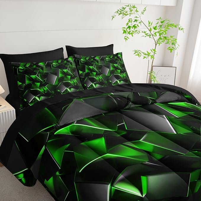 Black and Green Geometric Comforter Set Full Size 7PCS,Abstract Triangular Printed Bedding Set for Adults,Geometric Mordern Art Decor All Seasons with Pillowcases,Flat, Fitted Sheet