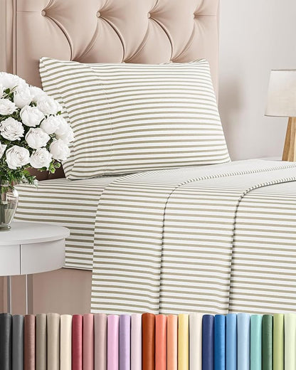 Twin Size 3 Piece Sheet Set - Comfy Breathable & Cooling Bed Sheets Set - Hotel Luxury Bedding for Women, Men, Kids, Teens, Boys & Girls - Deep Pockets, Soft, Wrinkle Free - Oeko-Tex - Beige Stripes 2