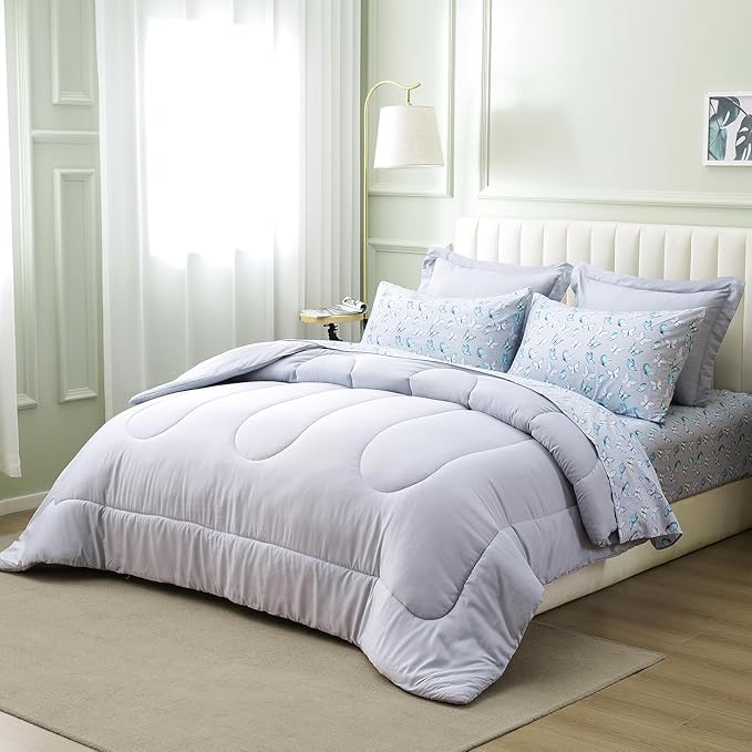 ARTALL Twin Bed in a Bag 5 Pieces, Light Gray Solid Comforter with Cute Colorful Butterfly Sheet Set, Soft Reversible Bedding Sets with Comforter, Sheets, Pillowcase & Sham for All Seasons
