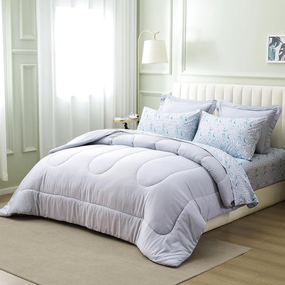 ARTALL King Bed in a Bag 7 Pieces, Light Gray Solid Comforter with Cute Colorful Butterfly Sheet Set, Soft Reversible Bedding Sets with Comforter, Sheets, Pillowcases & Shams for All Seasons