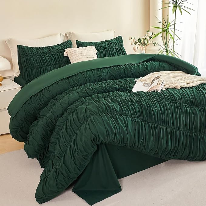 PERFEMET Full Size Comforter Set Emerald Green 5 Pieces Solid Fluffy Ruched Bedding with Sheet Set Luxury Soft Pleated Texture Bed in a Bag All Season Boho Farmhouse Ruffle Bed Sets, 79"x90"