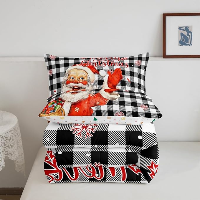Merry Christmas Comforter Set King Size,Black White Plaid Bedding Set 3Pcs for Kids Boys Teens Girls Room Decor,Cartoon Santa Claus Quilt Set Cute Winter Snowflake Duvet Insert,2 Pillowcases