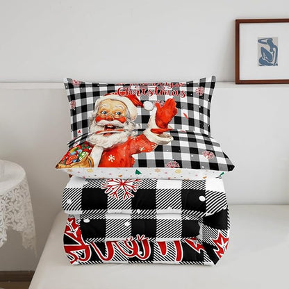 Merry Christmas Comforter Set King Size,Black White Plaid Bedding Set 3Pcs for Kids Boys Teens Girls Room Decor,Cartoon Santa Claus Quilt Set Cute Winter Snowflake Duvet Insert,2 Pillowcases