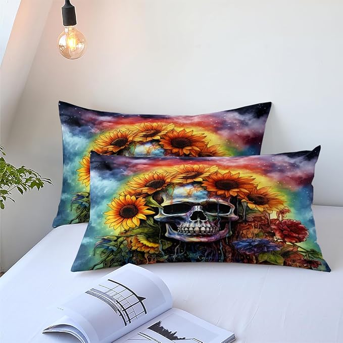 Gothic Skull Comforter Set Twin Size, Boho Hippie Sunflower Bedding Set for Colorful Tie-dye Bedroom Decor, 3Pcs Soft Microfiber Set, 68 * 86