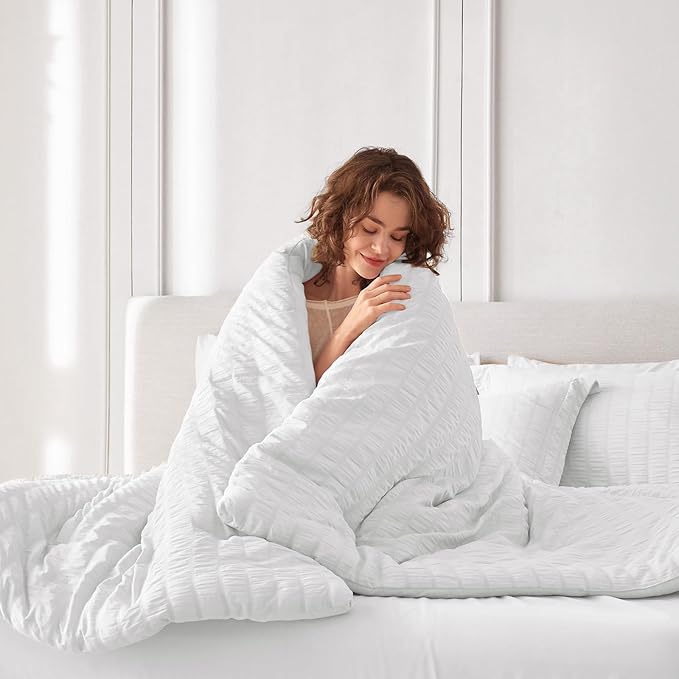 MUXHOMO 5 Pieces Twin XL Comforter Set, Seersucker Bed in a Bag Twin XL Size, All Season Luxury Bedding Set with Comforter, Flat Sheet, Fitted Sheet, Pillowcase & Sham, White