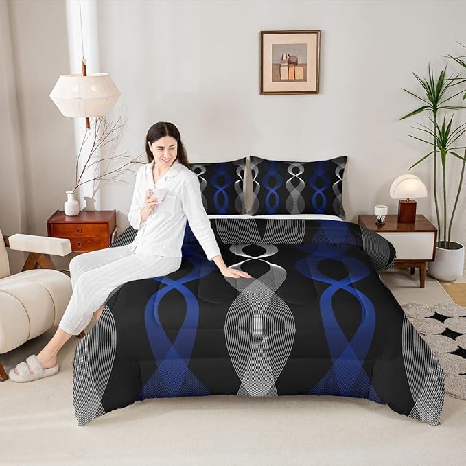 Erosebridal Blue Black Abstract Bedding Set Twin for Boys, Blue Striped Comforter Set, Ombre Geometric Stripes Quilt for Men Adults Bedroom, Modern Aesthetic Art Lines Boho Comforter
