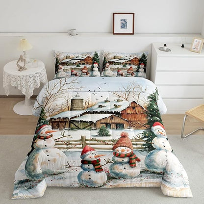 Cute Snowman Comforter Set Full Size,Rustic Cabin Barn Bedding Set 3Pcs for Kids Girls Boys Teens Room Decor,Winter Christman Theme Quilt Set Vintage Countryside Duvet Insert,2 Pillowcases