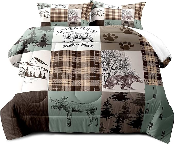 LUVIVIHOME 3PCS Rustic Patchwork Comforter Set King, Brown Plaid Sage Green Comforter, Bear Deer Elk Moose Woodland Forest Animal Wildlife Country Lodge Cabin Bedding Farmhouse Quilt, 2 Pillow Shams
