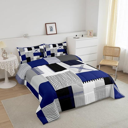 Erosebridal Navy Blue Grey Boys Comforter Set Queen Black White Abstract Bedding Set for Kids Teen Men Geometric Square Quilt Grids Checkered Duvet Insert Modern Fashion Room Decor 3 Pcs