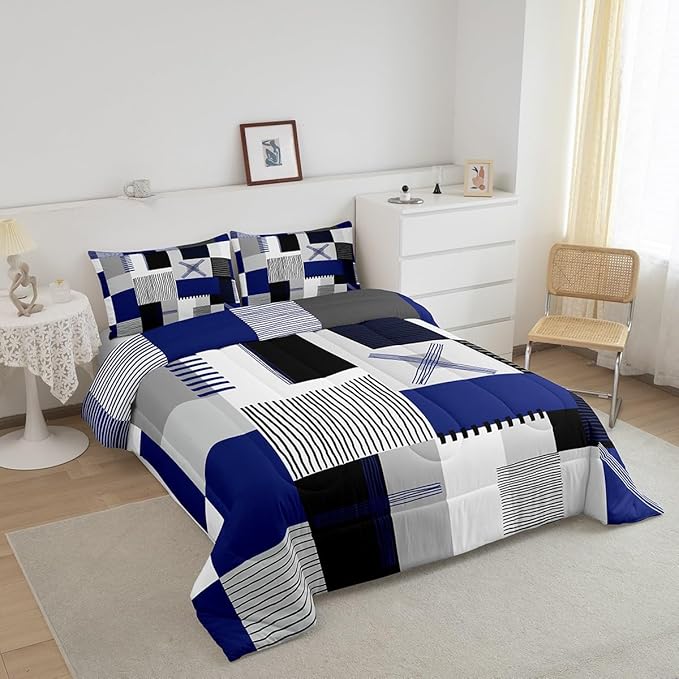 Erosebridal Navy Blue Grey Boys Comforter Set King Black White Abstract Bedding Set for Kids Teen Men Geometric Square Quilt Grids Checkered Duvet Insert Modern Fashion Room Decor 3 Pcs
