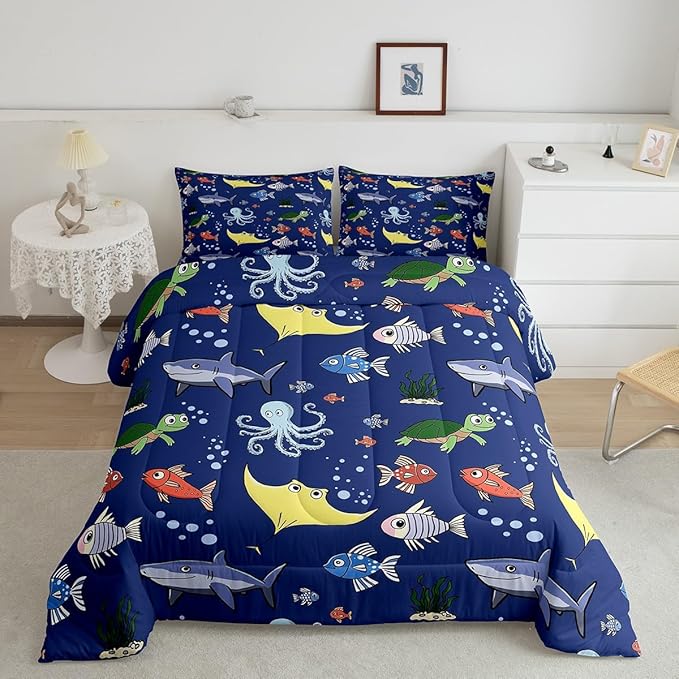 Erosebridal Tortoise Comforter Set for Kids Boys Room, Sea Turtle Shark Down Comforter King Size, Underwater World Bedding Set,Octopus Sea Animal Quilt, Soft Microfiber Decor, Dark Blue