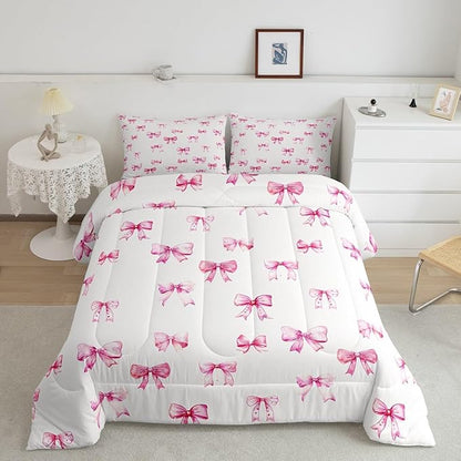 Feelyou Pink Girls Bow Bedding Set Boys Girls Toddler Size Bow Comforter Set for Kids Women Men Ultra Soft Cute Bowknot Comforter Kawaii Duvet Set Room Decor Lovely Quilt Set