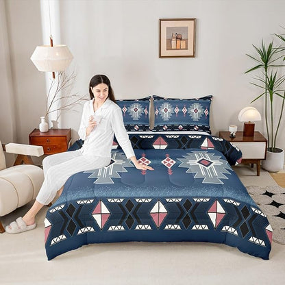 Erosebridal Southwestern Aztec Toddler Bedding Set, Rustic Western Comforter Set, Exotic American Native Quilt for Boys Teens Men Bedroom, Vintage Bohemian Geometric Bedding Comforter Sets, Dark Blue