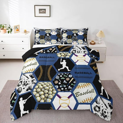 Erosebridal Baseball Queen Bedding for Boys Queen,Sports Themed Comforter for Teens Adult,Geometric Honeycomb Plaid Bedding Comforter Sets,Ball Game Quilt Set with 2 Pillowshams All Season,Blue