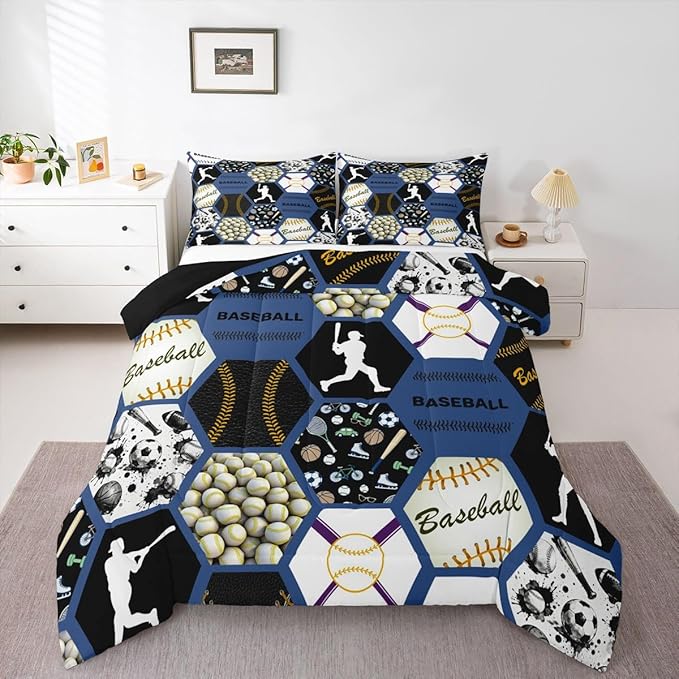 Erosebridal Sports Comforter King Size,Baseball Bedding for Kids Boys,Baseball Player Comforter Sets,Vintage Ball Patchwork Honeycomb Duvet Insert with 2 Pillowshams Lightweight Warm