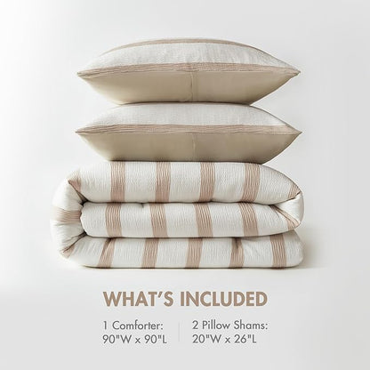 Madison Park Essentials Striped Comforter Set Queen Size, Yarn-Dyed Reversible Comforter with Minimalist Stripes, Crinkled Texture Bedding Set for All-Season Lightweight Warmth, Merritt Taupe