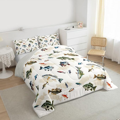 Erosebridal Camo Fishing King Comforter Set - Pike Fish Big Bass Bedding Set for Boys Kids | Hunting Themed Camouflage Quilt | Lake House Fisherman Bedroom Decor with 2 Pillowcases