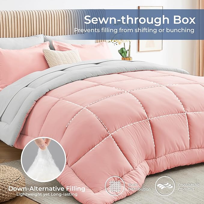 Sasttie King Size Comforter Set, 7 Pieces Reversible Bed in a Bag King, Complete Bedding Set Includes Comforter, Flat Sheet, Fitted Sheet, Pillowcases and Pillow Shams, Pink & Light Grey
