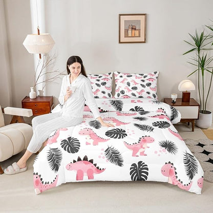 Castle Fairy Watercolor Cute Animals 3 Pcs Queen Size Comforter Set,Palm Leaf Tropical Plants Down Alternative Adults Room Decor,Cartoon Pink Dinosaur Ultra Soft Microfiber Inner Fill 3Pcs Bedding