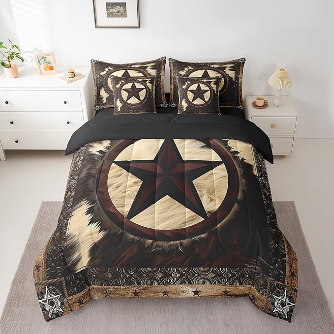 Erosebridal 7 Pcs Rustic Cow Comforter Set Full Size,Western Texas Star Bed in a Bag with Flat Fitted Sheet for Cowboy Cowgirl,Cowhide Cow Print Bedding Set with Pillowcases and Cushion Cases