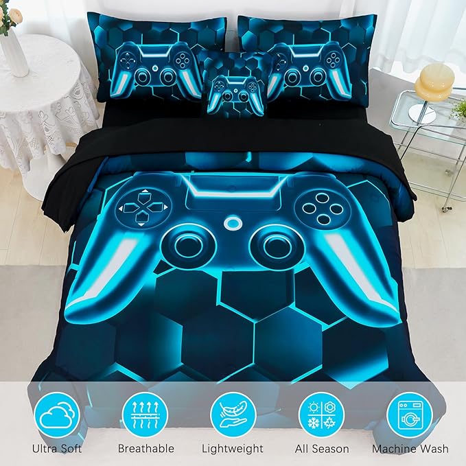URBONUR Blue and Teal Kids Comforter Set Queen Size 6 Pieces Video Game Printed Gamer Bedding Set Queen for Boys Teen Girls, Lightweight Comforter with Sheets Set