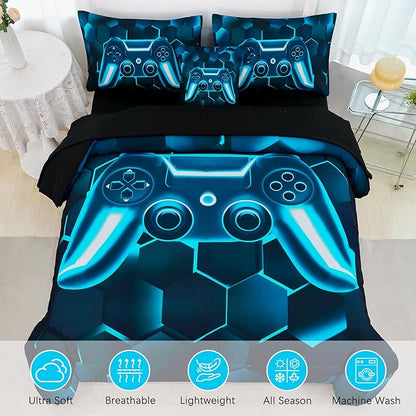 URBONUR Blue and Teal Kids Comforter Set Queen Size 6 Pieces Video Game Printed Gamer Bedding Set Queen for Boys Teen Girls, Lightweight Comforter with Sheets Set