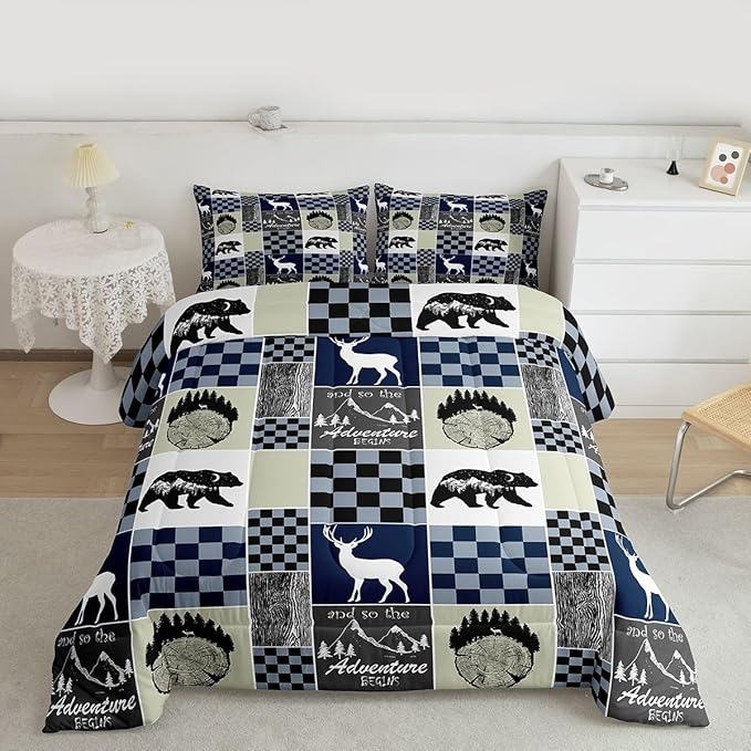 Retro Farmhouse Cabin Comforter Set, Rustic Bear Deer Quilt Twin Size, Camping Lodge Forest Bedding Hunting Animal Blue Plaid Duvet Insert For Kids Teens Adult Bedroom Decor, Cabin Gifts For Men