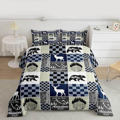 Retro Farmhouse Cabin Comforter Set, Rustic Bear Deer Quilt Twin Size, Camping Lodge Forest Bedding Hunting Animal Blue Plaid Duvet Insert For Kids Teens Adult Bedroom Decor, Cabin Gifts For Men
