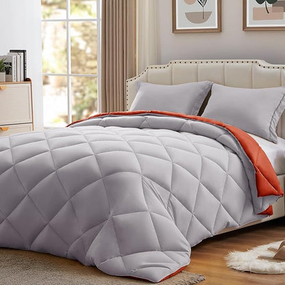 NexHome Twin Comforter Set Burnt Orange&Light Grey,2 Pieces Lightweight Comforters Twin Size Reversible Bedding Comforters Sets,Down Alternative Comforter Bed Set Quilt Blanket