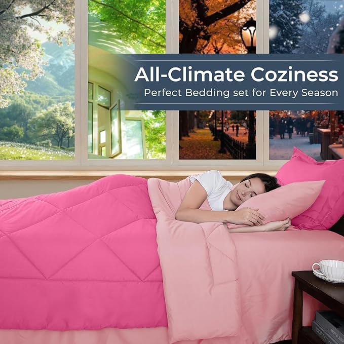 HEVUMYI Hot Pink & Baby Pink Twin-XL Comforter Set - 5-Piece All Season Bed in a Bag Twin-XL, Ultra Soft Bedding Set with Comforter, Flat Sheet, Fitted Sheet, Pillowcases, Pillow Shams
