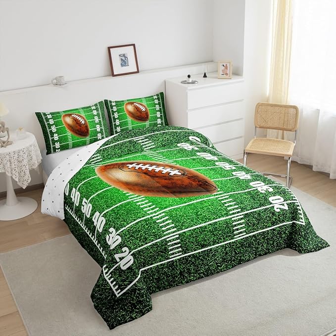 Feelyou Rugby Comforter Set King Size Football Comforter for Boys Girls Teens Soccer Ball Game Bedding Set Gift for Football Lover Duvet Set Bright Green Quilt Set