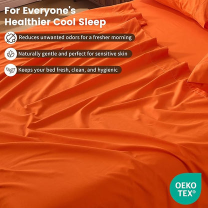 100% Linen Sheet Set King Size Extra Deep Pocket Fits 18-24 Inch Mattress, Breathable & Soft, Smooth 6-Piece Set for Thick Mattresses Hotel Luxury Bedding（King, Orange）