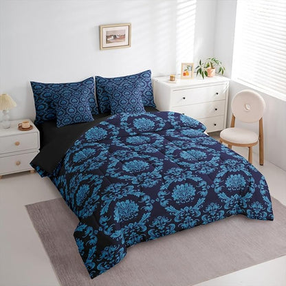 Erosebridal Black and Blue Damask Comforter Set 7 Piece Bed in a Bag Twin | Antique Decor Gothic Vintage Floral Bedding Sets Boho Baroque Comforter and Sheet Set, Luxury Bohemian Bed Sets