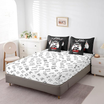 jejeloiu Eat Sleep Game 7 Piece Bedding Set King Size Cartoon Gamer Comforter Set with Sheets for Kids Boys Girls Modern Game Bed in a Bag Black Red Bed Set