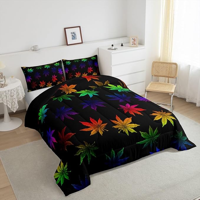 Erosebridal Rainbow Leaf Bedding King, Leaves Comforter Set for Women Girls Men,Nature Botanical Plants Down Comforter,Neon Tie Dye Hippie Bedding Comforter Sets