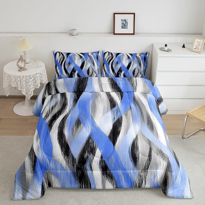 Erosebridal Geometric Stripes Comforter Full Modern Abstract Comforter Set Grey Black Blue Bedding Set for Kids Boys Girls Teen Swirl Lines Quilt Duvet Room Decor 3 Pcs