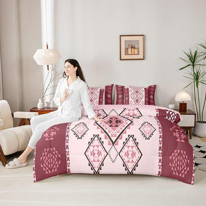 Erosebridal 7 Pcs Southwestern Aztec Bed in A Bag Queen Western Bohemian Comforter Set for Kids Teens Exotic Tribal Mexican Geometric Bedding Sets Ethnic Native American Sheet Set with Comforter
