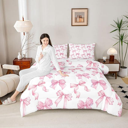 Erosebridal Cute Pink Bow King Bedding Set for Girls,Dreamy Coquette Bowknot Comforter Set Girly Princess Style Bedding Comforter Sets Cute Kawaii Pink Bow Bed Set for Kids Teen Women