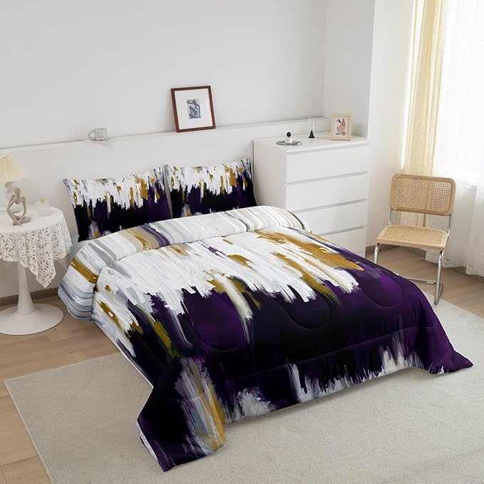 Abstract Ombre Comforter Set King White Purple Bedding Set, Gradient Brush Marks Bedding Comforter Sets Contemporary Artwork Duvet Sets, Watercolor Stripe Aesthetic Quilted Comforter Luxury