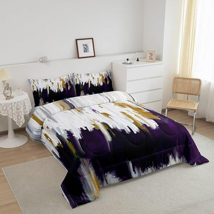 Erosebridal Abstract Ombre Bedding Full White Purple Comforter Set, Gradient Brush Marks Down Comforter Contemporary Artwork Bedding Comforter Sets, Watercolor Stripe Aesthetic Duvet Insert Luxury