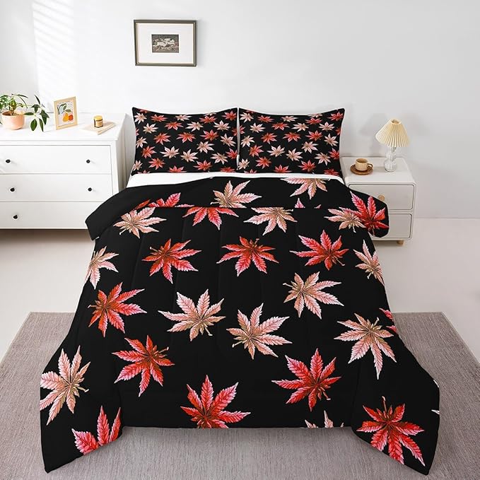 Erosebridal Red Leaves Comforter Set Full, Leaves Bedding for Women Adults,Tropical Botanical Bedding Comforter Sets,Exotic Plant Down Comforter with 2 Pillow Cases