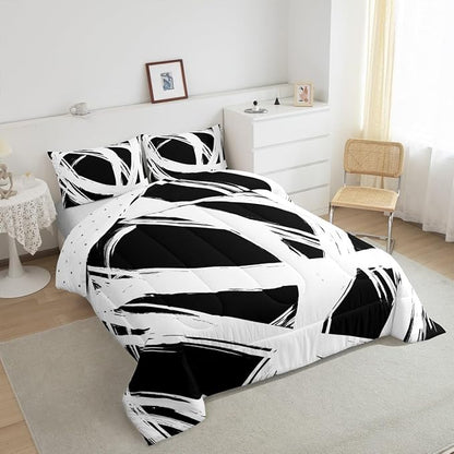 Erosebridal White and Black Striped King Bedding Set for Kids Teens Adults, Geometric Striped Comforter Set for Minimalists,Graffiti Aesthetic Lines Duvet Insert,Contemporary Boho Modern Art Quilt