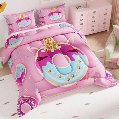 Unicorn Comforter Sets for Girls Kids Adults,Pink Colorful Background for Bedroom,Decorative 3 Piece Bedding Comforter Sets with 2 Pillow Shams, Queen Size