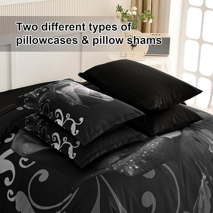 Xruibed Floral Comforter Queen Black Bed in a Bag Rose 7PCs Comforter Set Soft Micorfiber Bedding Set (1 Comforter,2 Pillow Shams,1 Flat Sheet,1 Fitted Sheet,2 Pillowcases)