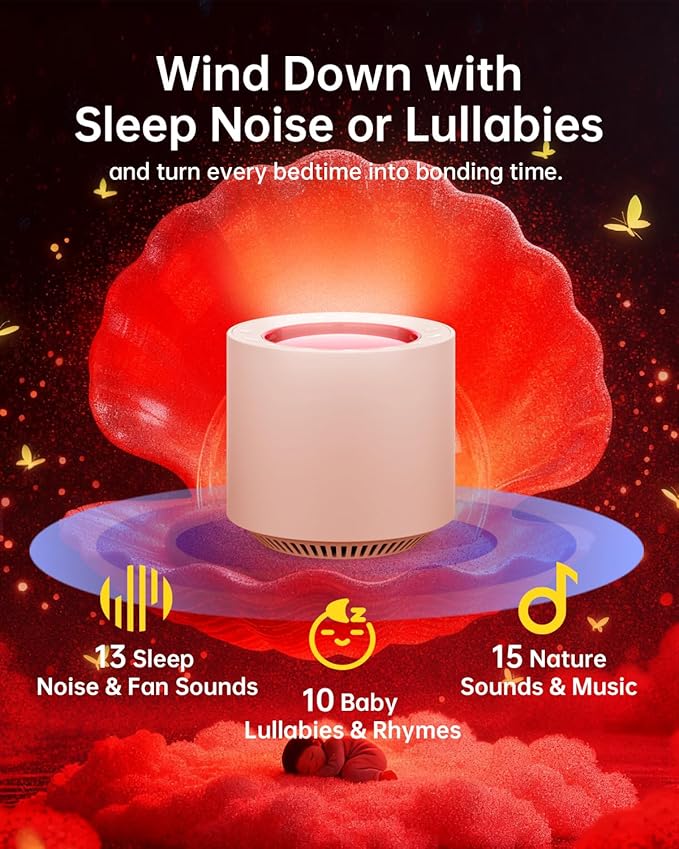 Dimmable Nursery Night Light: Red Light Therapy Sleep Sound Machine with 38 Soothing Sounds & Calming Womb Soother Shusher, Memory Function, White Noise Machine with Timer for Baby Adult Gift (Peach)