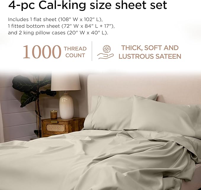 Threadmill California King Sheets, Certified American Supima Cotton Sheets, 1000 Thread Count Hotel Quality, 4 Piece Luxury Bed Sheets Set with Elasticized Extra Deep Pocket, Taupe
