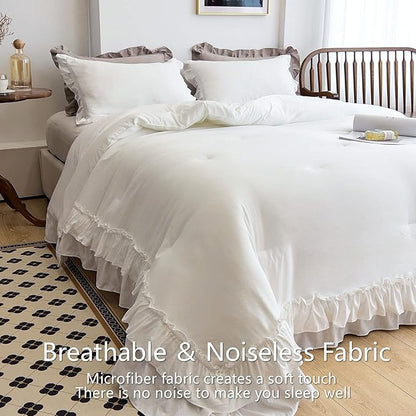 AIKASY White Comforters King Size Set, Vintage Boho Chic Farmhouse Bedding Sets Shabby Ruffle Queen Bed Comforter Bedding 3PCS（1 Comforter and 2 Pillowcases）