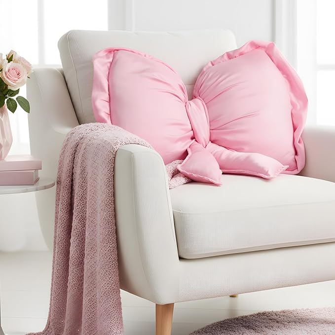 Pink Bow Pillow Large Decorative Soft Pillow 18 x 16 Inch Coquette Bow Room Decor Soft Bowknot Decorations for Galentine's Day Valentines Cushion Bed Sofa Couch Home Decorations