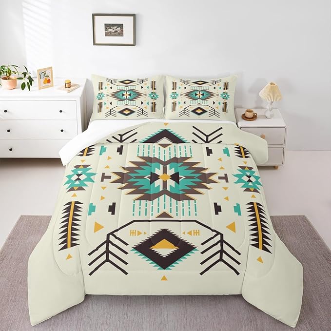 Southwest Comforter Set Twin Size,Rustic Tribal Aztec Style Quilt Set Abstract Art Vintage Western Bedding Set 2pcs for Women Adults Teens Kids Home Decor Green Brown Arrow Duvet Insert,1 Pillowcase